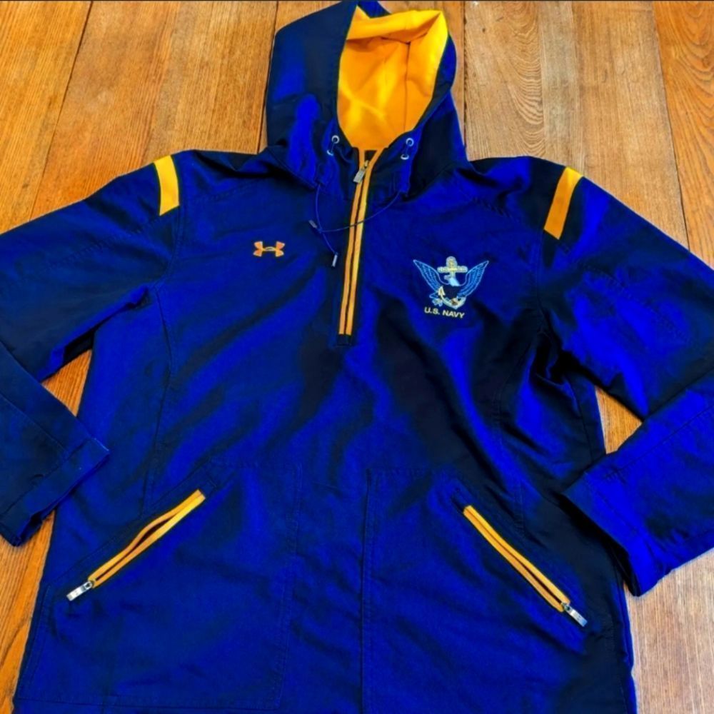 Under Armour U.S. Navy All Season Loose sz L Mens 1/4 Zip Hoodie Jacket Blue
